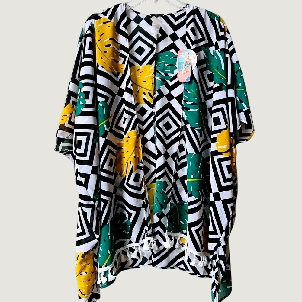 As Rose Rich Tropical Leaf Kimono Wrap Swim Cover Up Women Small Black White NWT